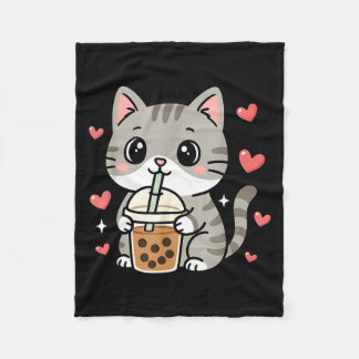 Couverture Polaire Cute Grey Cat Boba Tea Bubble Tea Anime Kawaii Nek