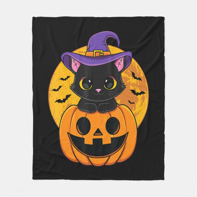 Couverture Polaire Cute Halloween Black Cat Witch Hat Pumpkin For Kid (Devant)