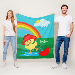 Couverture Polaire Cute Happy Duck en pluie avec arc-en-ciel