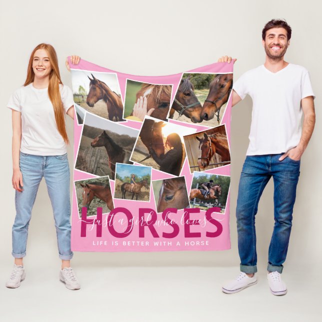 Couverture Polaire Cute Horse Lover Photo Collage rose (En situation)