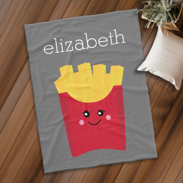 Couverture Polaire Cute Kawaii Fries françaises avec nom personnalisé (Personalized fleece blanket with kawaii french fries)
