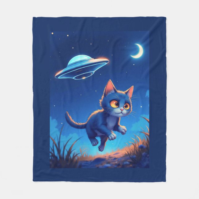 Couverture Polaire Cute Kitten pourchassé par un OVNI (Devant)
