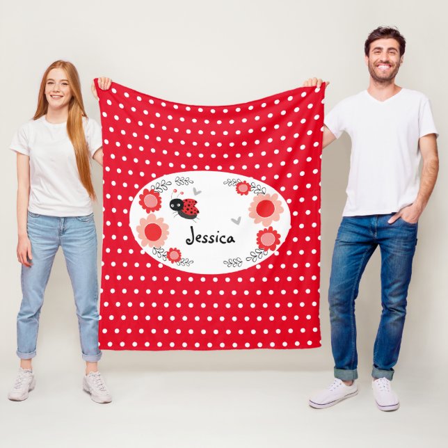 Couverture Polaire Cute Ladybug Nom personnalisé Flore rose et rouge  (En situation)