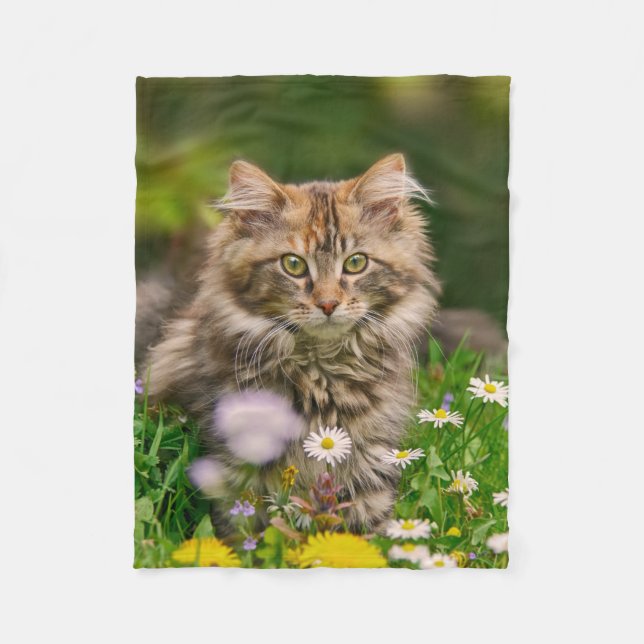 Couverture Polaire Cute Maine Coon Kitten Chat en Fleurs (Devant)