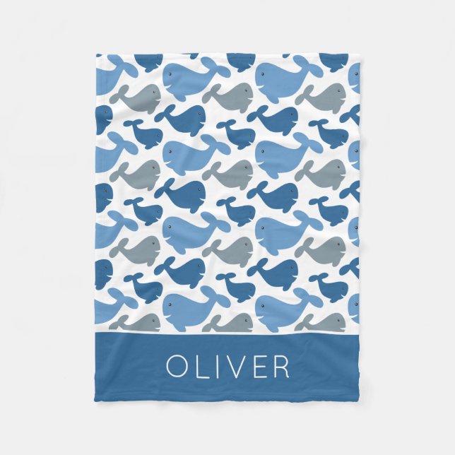 Couverture Polaire Cute Navy Blue Grey Whale Personnalisé Garçon (Devant)