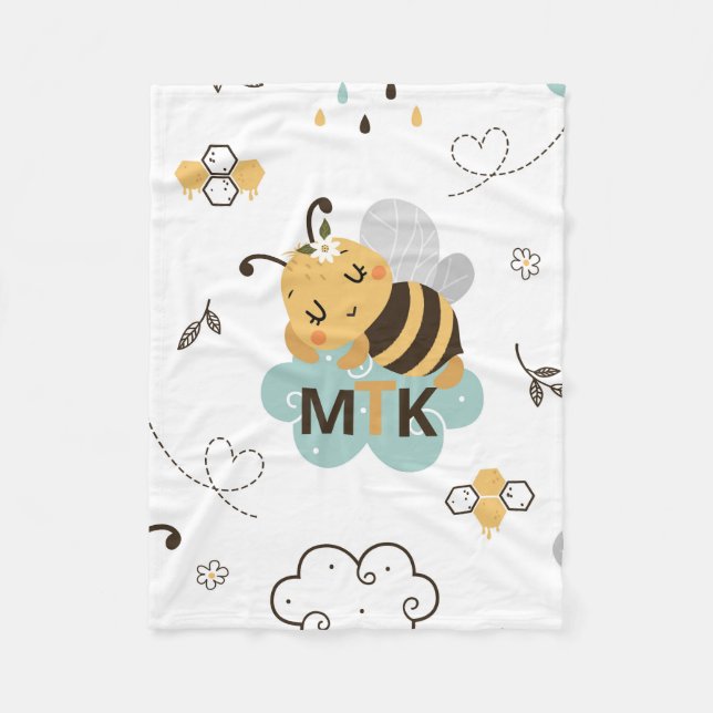 Couverture Polaire Cute Personnalisée Miel Abeille Jaune Gris Turquoi (Devant)