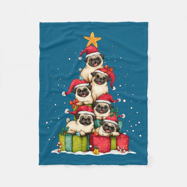 Couverture Polaire Cute Pug Le Dog Christmas Tree Xmas Hat Long Sleev (Devant)
