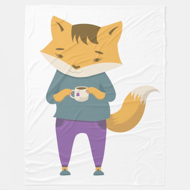 Couverture Polaire Cute renard avec tasse de thé (Devant)