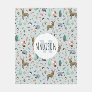 Couverture Polaire Cute Rustic Woodland Forest Animaux Enfants Monogr