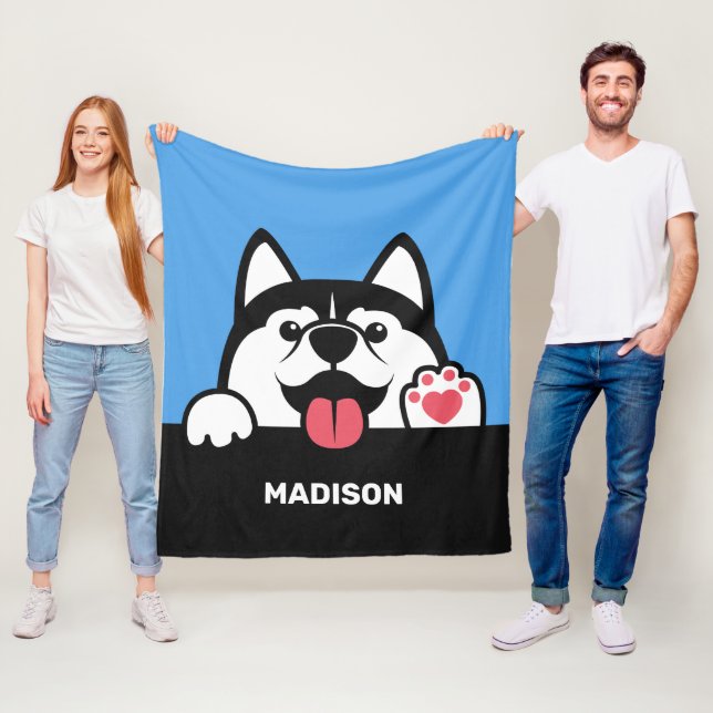 Couverture Polaire Cute Siberian Husky nom et couleur personnalisés (En situation)