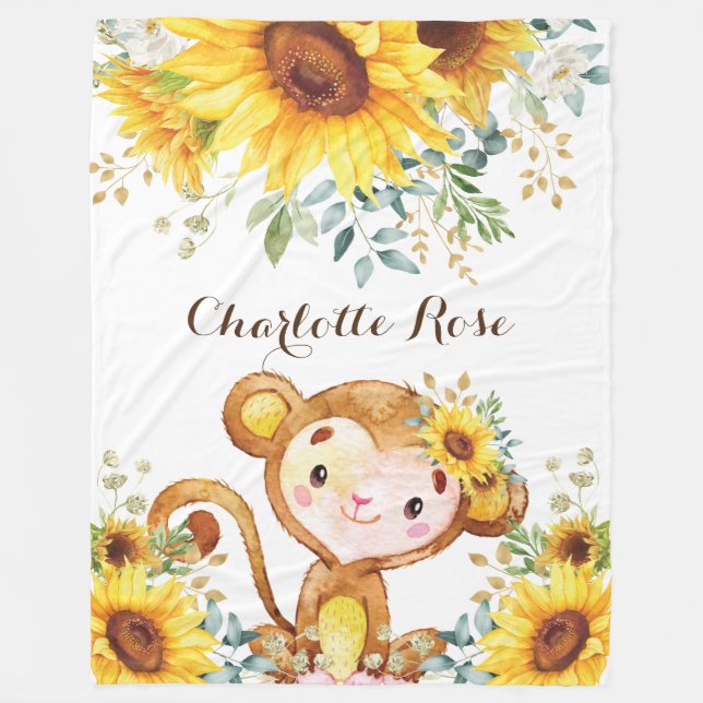 Couverture Polaire Cute Sunflower Jungle Monkey Baby Girl Nursery (Devant)