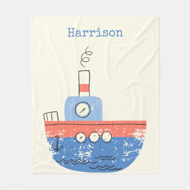 Couverture Polaire Cute Tug Bateau Rouge Bleu Personnalisé Nom Océan (Devant)