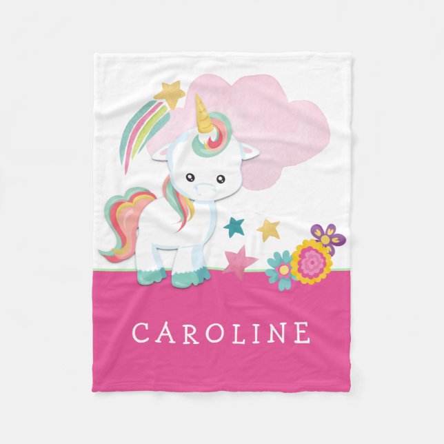 Couverture Polaire Cute Unicorn Baby Girl Nom Rose blanc (Devant)