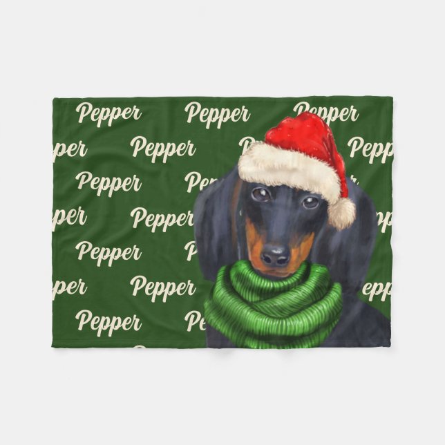 Couverture Polaire Dachshund de Noël avec le nom du chien (Devant (Horizontal))