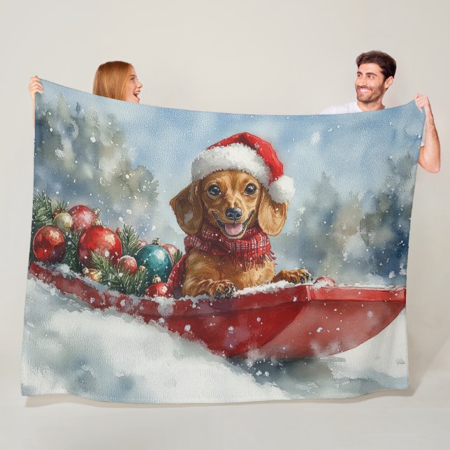 Couverture Polaire Dachshund Dog in Sledge Let it neige Noël (En situation)
