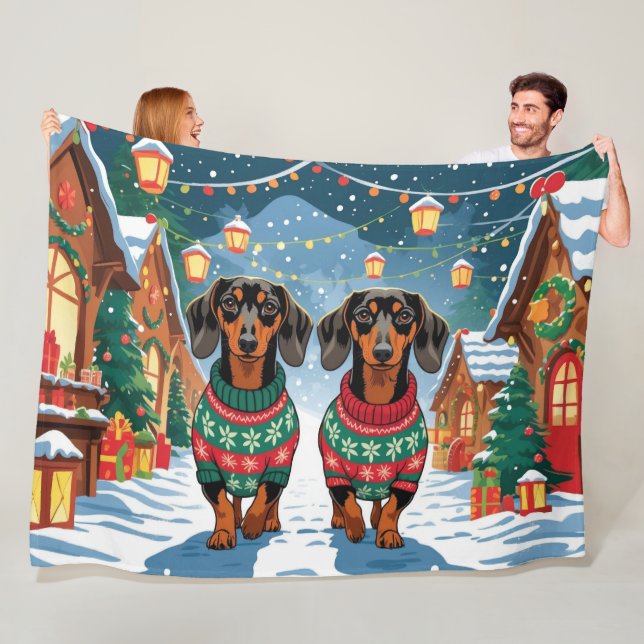 Couverture Polaire Dachshund Dogs Christmas Snow Holiday (En situation)
