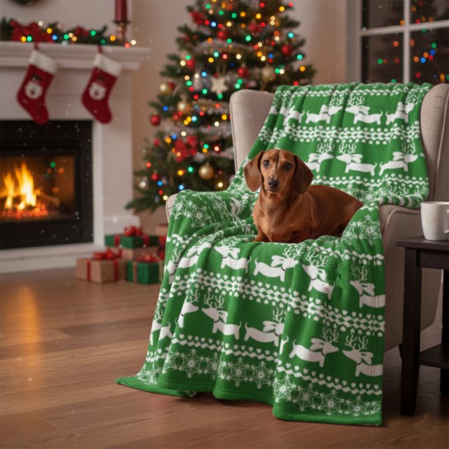 Couverture Polaire Dachshund Doux moche Snowflakes (Green Nordic Dachshund Blanket for Christmas)