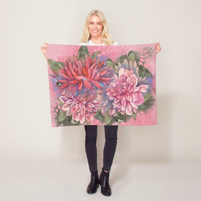Couverture Polaire Dahlias flowers pink watercolor pattern (En situation)