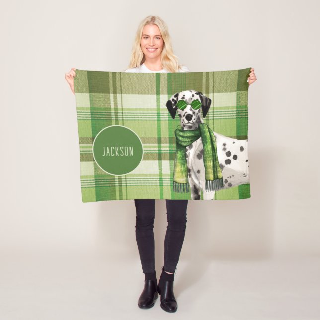 Couverture Polaire Dalmatian on Green Plaid with Dog's Name (En situation)