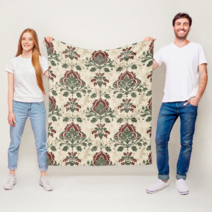 Couverture Polaire Damas Ornemental Rouge Vert Texture Vintage