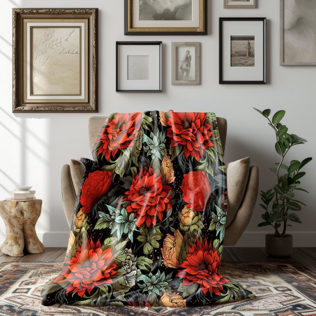 Couverture Polaire Dark Academia Maximalist Red Dahlia Floral (Créateur téléchargé)