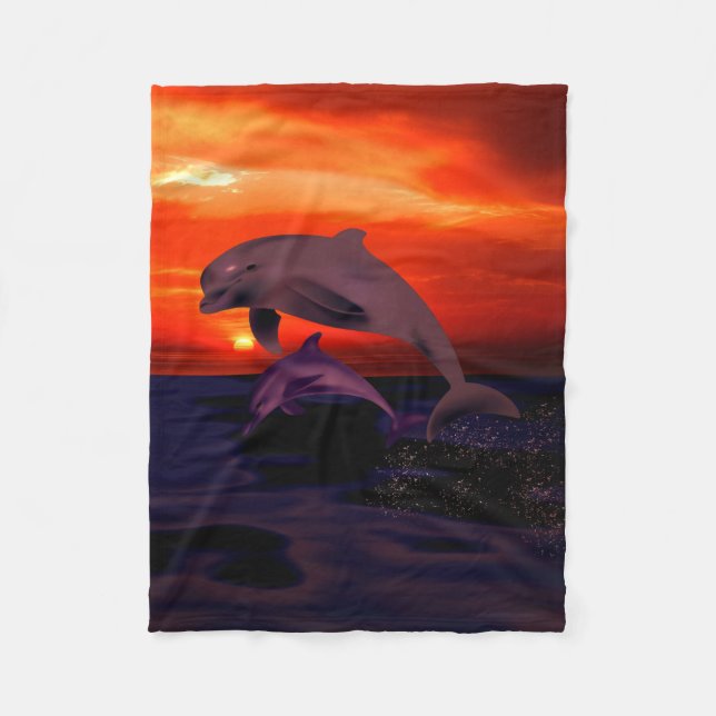 Couverture Polaire Dauphins de saut nautique Coucher de soleil orange (Devant)