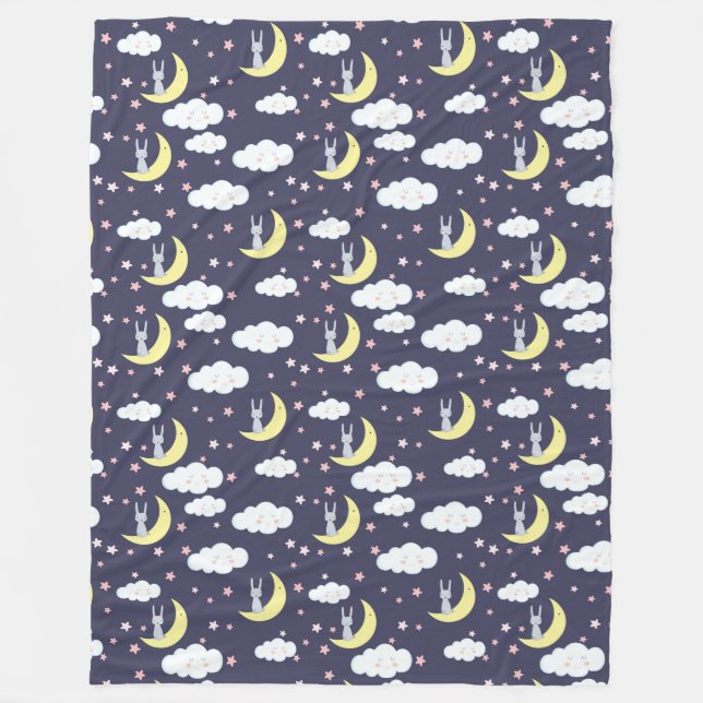 Couverture Polaire De Mignons lapins Sur Lune Avec Nuages Étoiles Ros (Devant)