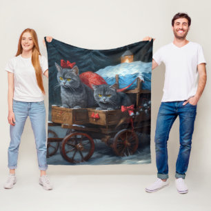 Couverture Polaire Décor de Noël Oriental Blue Cat Snowy Sleigh