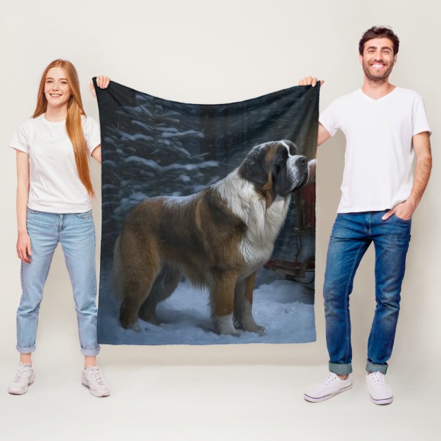 Couverture Polaire Décor de Noël Saint Bernard Snowy Sleigh (En situation)