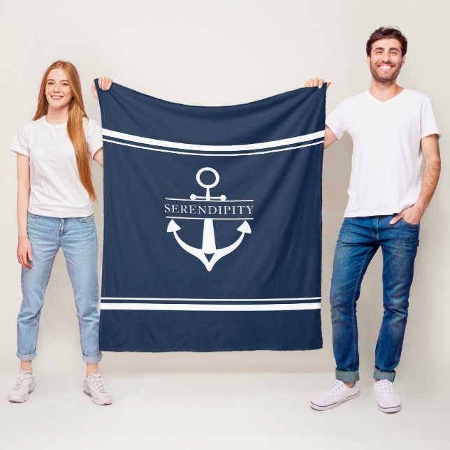 Couverture Polaire Décor nautique Ancre Bateau Marine Blanc Personnal (En situation)
