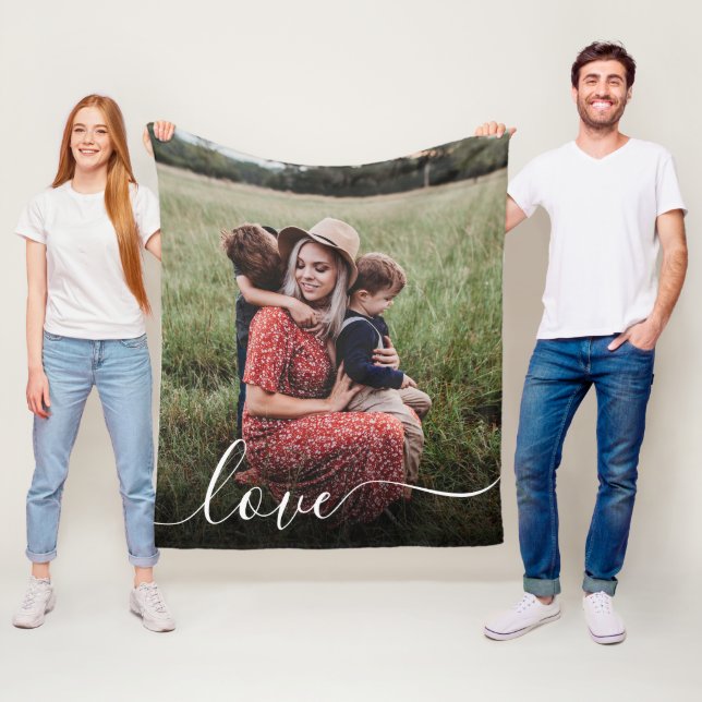Couverture Polaire Découpe photo Love White Script (En situation)