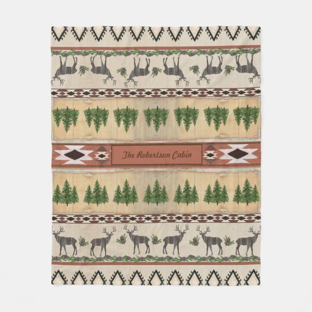 Couverture Polaire Deer Antler Rustic Wood Forest Cabine Nom de famil (Devant)