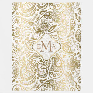 Couverture Polaire Dentelle de marguerite en or et blanc monogramme