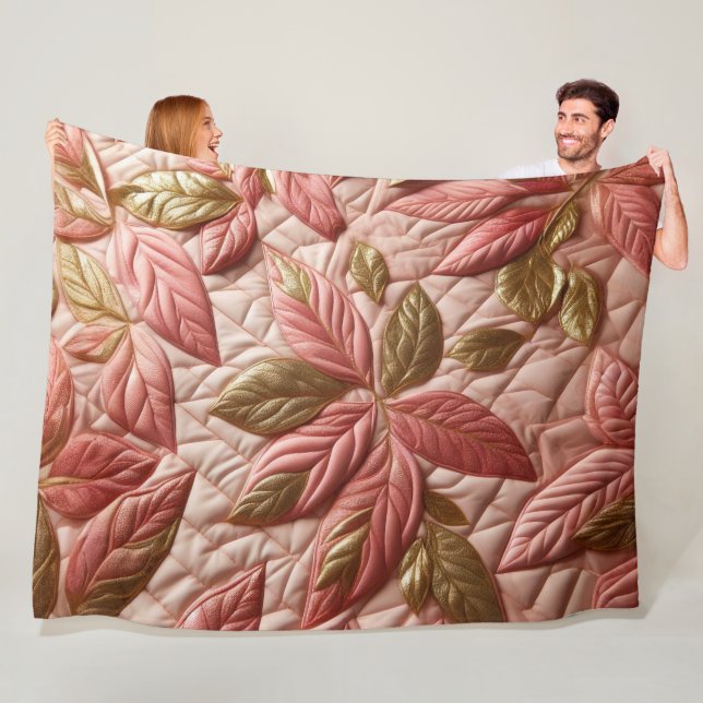 Couverture Polaire Design Feuille doré et rose (En situation)
