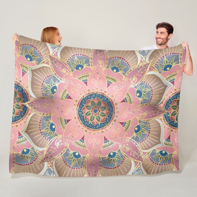 Couverture Polaire Design tendance métal or et rose Mandala (En situation)