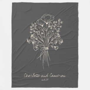 Couverture Polaire Dessin de ligne de fleurs boho Noms personnalisés
