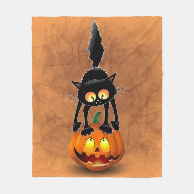 Couverture Polaire Dessin d'Halloween au chat effrayé sur Citrouille (Devant)