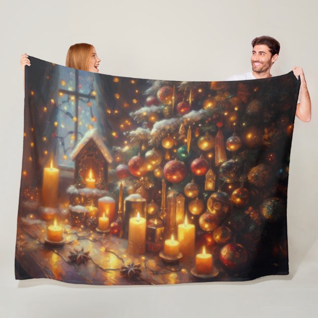 Couverture Polaire Dessin dur Pastel Noël Arbre de Noël Bougies (En situation)
