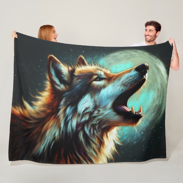 Couverture Polaire Dessin dur Pastel Wolf Howling Moon (En situation)