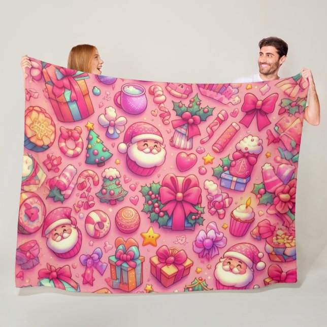 Couverture Polaire Dessin Motifs de Noël rose (En situation)