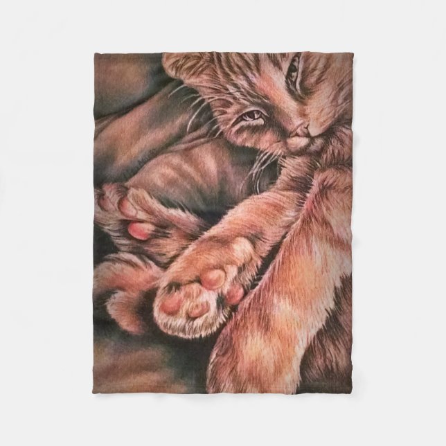 Couverture Polaire Dessin orange de chat tigré courbé (Devant)