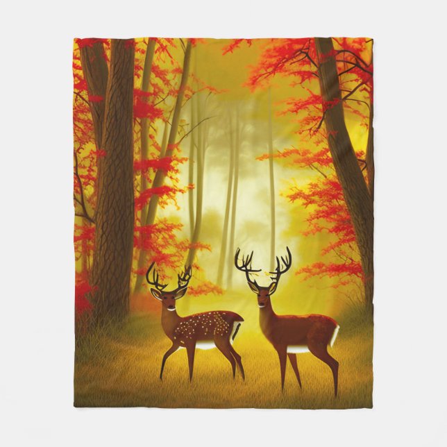 Couverture Polaire Deux cerfs dans une forêt d'automne / Bois (Devant)