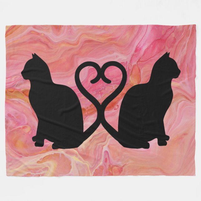 Couverture Polaire Deux chats - Tails cardiaques sur marbre rose (Devant (Horizontal))