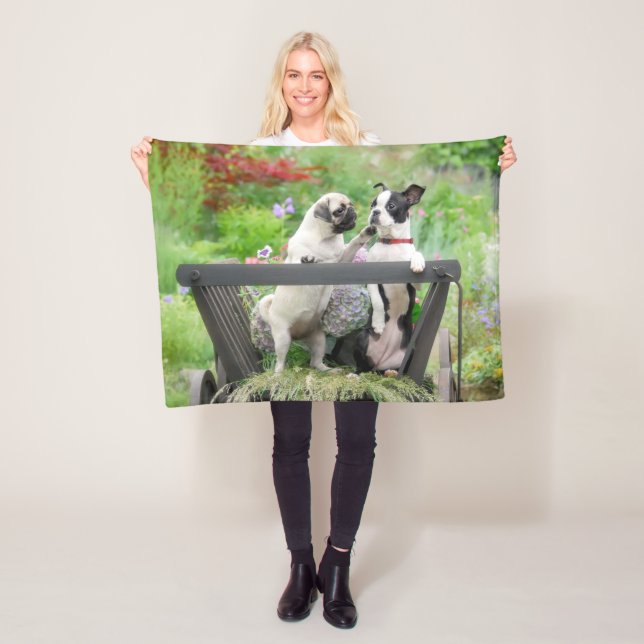 Couverture Polaire Deux chiens par chiot carlin et Boston Terrier dan (En situation)