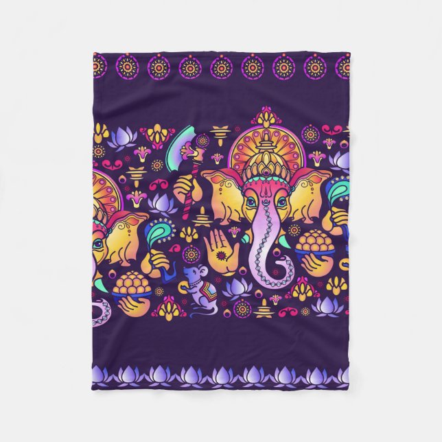 Couverture Polaire Dieu hindou Ganesha et symboles indiens en bande (Devant)