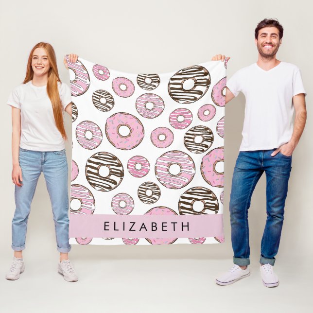 Couverture Polaire Donuts Roses, Donuts Blancs, Sprinkings, Votre Nom (En situation)