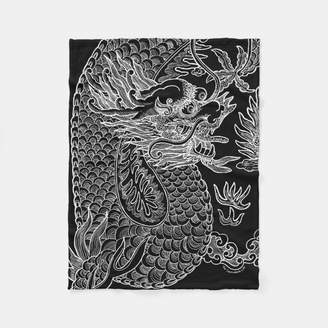 Couverture Polaire Dragon chinois traditionnel en noir (Devant)
