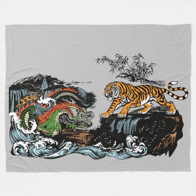 Couverture Polaire Dragon chinois vert contre Tigre (Devant (Horizontal))