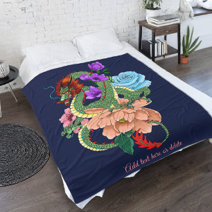 Couverture Polaire Dragon Chinois Vert Mystique Floral Bleu Marine