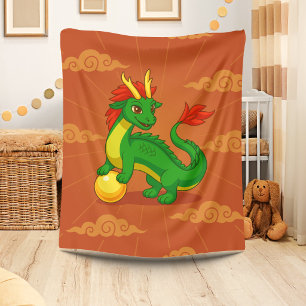 Couverture Polaire Dragon Chinois Vert sur Fond Rouge